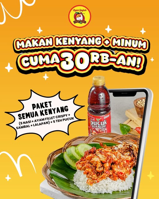 Konten paket makan Geybok dengan ayam goreng, nasi, dan minuman