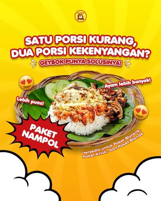 Konten Geybok Paket Nampol dengan ayam goreng, nasi, dan sambal