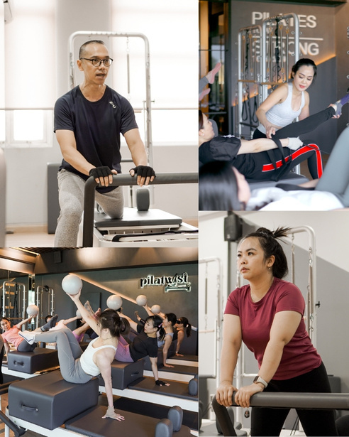 Kolase konten Pilatwist Studio: instruktur dan aktivitas kelas pilates